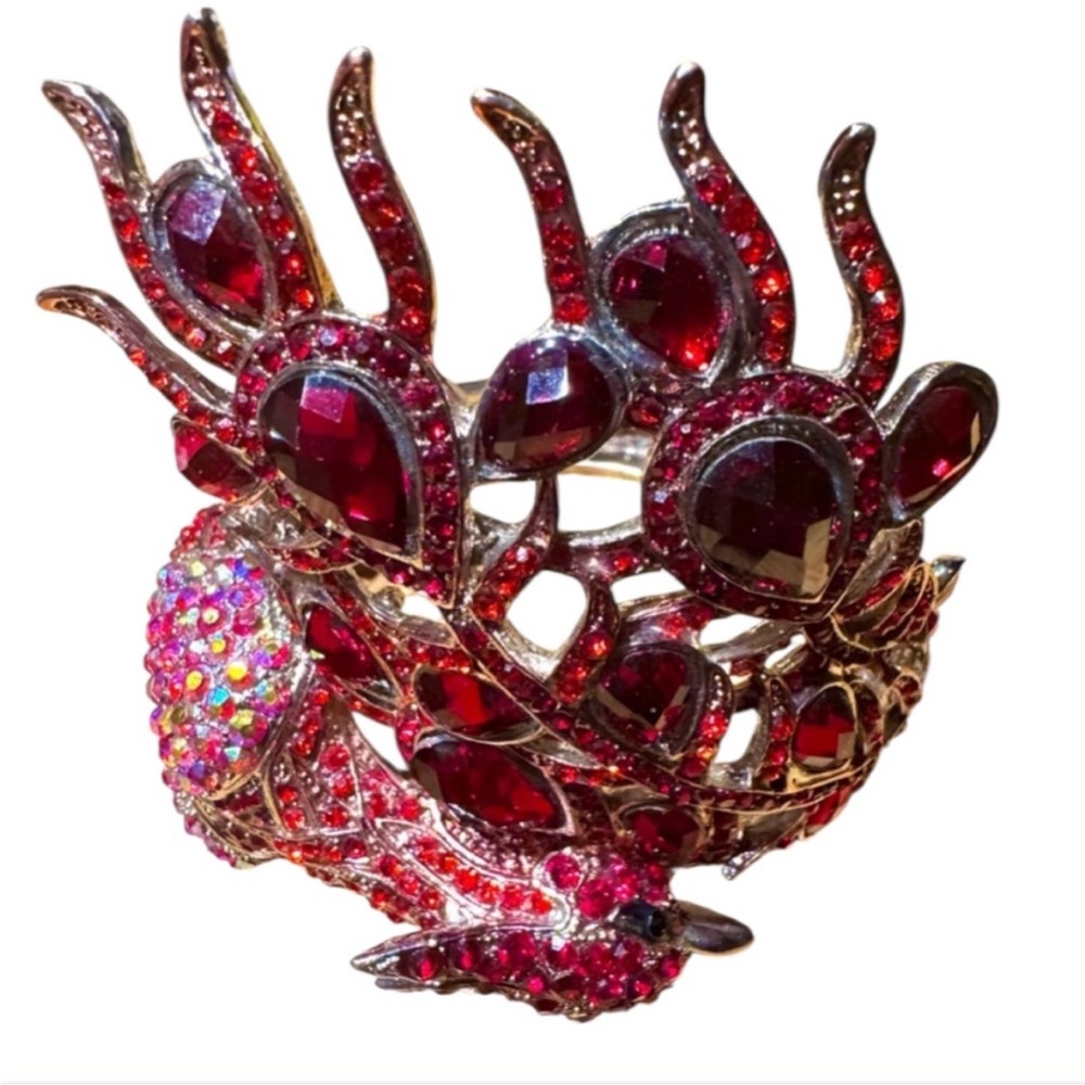 YACQ Big Peacock Silver-Tone Hinged Cuff Bracelet w Red &Iridescent Red Crystals